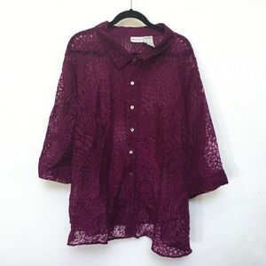 White Stag Purple Animal Print Sheer Button Down Short Sleeve  Size 26W/28W